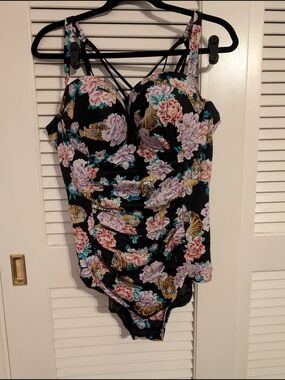 Floral Strappy One-Piece Swimsuit - Black with Pink & Teal Flowers And Tigers